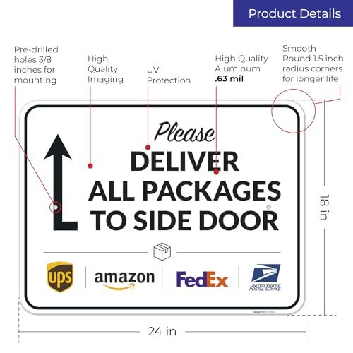 Image of Package Delivery Sign, Delivery Instructions All Package To Side Door Sign, 18x24 Inches, Rust Free .063 Aluminum, Fade Resistant, Made in USA by Sigo Signs