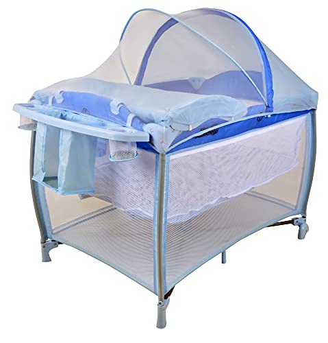 Berço Portatil Cercado Burigotto New Aconchego com Trocador e Mosquiteiro Blue Azul