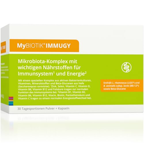 MyBIOTIK®IMMUGY I made by nutrimmun I Für 30 Tage I 2 aktive Bakterienkulturen LGG® + BB-12® I Vitamine I Mineralstoffe I Beta-Glucane I Pulver+Kaps. I Vegan I Glutenfrei I Laktosefrei I Laborgeprüft