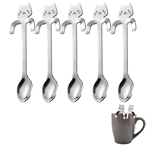 5Pcs Cuillère à Café Chat Acier Inoxydable à Café Cuillère à Café Suspendue Poignée Chaton Créatif Peut Accrocher Mini cuillère à thé D'agitation pour L'eau Lait Dessert Boisson Milk Shake 11.7x3.2cm Cover