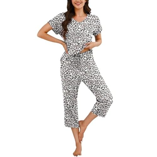 Marvmys Women's Capri Pajama Sets Short Sleeve 2 Piece Pjs V Neck Tops & Capri Pants with Pockets S-2XL Small White Leopard