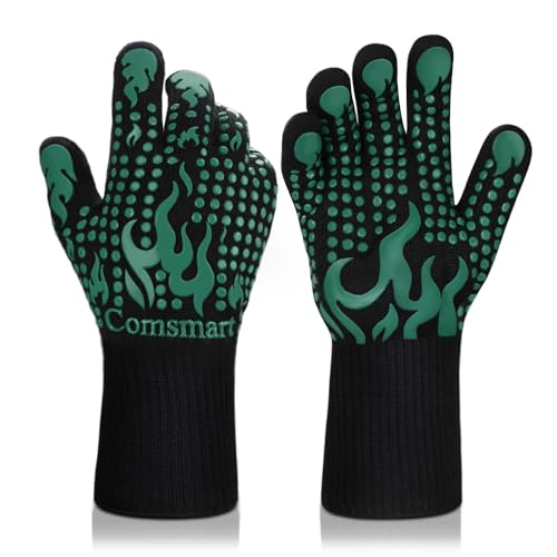 Image of Comsmart BBQ Gloves, 1472F Heat Resistant Grilling Gloves Silicone Non-Slip Oven Gloves Long Kitchen Gloves for Barbecue, Cooking, Baking, Short, Green