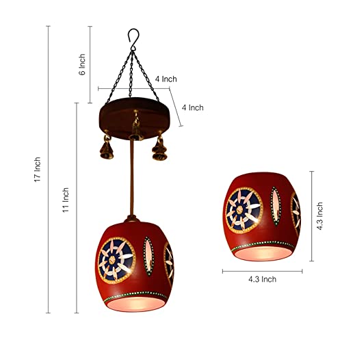 Image of AAKRITI ART CREATIONS Star Glow Red Handcrafted Metal Pendant Lamp with Mango Wood Rosette for Living Room Ceiling | Hanging Lamp Decor | Ceiling Hanging Lights for Living Room | Fancy Lights for