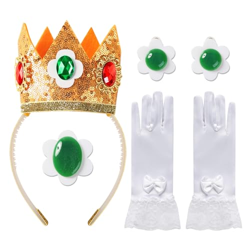 Cumwoen Princess Costume Accessories for Women Crown Gloves Green Flower Brooch Clip-on Earrings Cosplay Dress Up