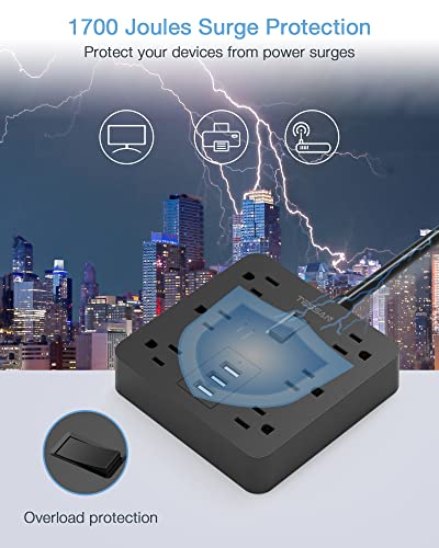Power Strip With Usb, Tessan Desktop 5 Ft Extension Cord Flat Plug With 6 Widely Spaced Outlets, Built-In 1700J Surge Protector For Home And Office Accessories, Black #TOP2