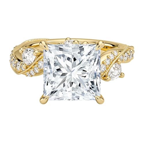 DAJEWELS 1-5 CT Princess Cut Moissanite Engagement Ring for Women Twisted Band with Side Stones 925 Sterling Silver 10K 14K 18K Gold Wedding Promise Anniversary Ring