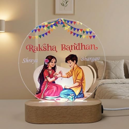 Image of Personalized Raksha Bandhan LED Acrylic Lamp for Brother & Sister | Custom Name Rakhi Night Light with Brother Sister Artwork | Customized Rakshabandhan Gift for Bhai Behan