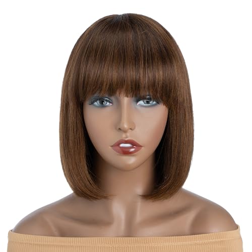 QVR Short Bob Wig Human Hair with Bangs 10 Inch Brazilian Virgin Straight Hair Machine Made None Lace Front Wigs for Black Women Wear and Go Ombre Highlight Color