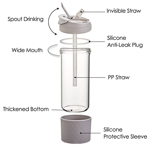 Comi Glass Travel Coffee Tumbler, Smoothie Cup Travel Dual-Use Glass Coffee Cups With Lids Coffee Travel Cup With Straw - 15 Oz - Grey #TOP5