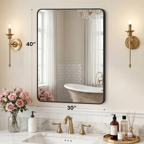 Image of NEWBULIG 30X40 Inch Bathroom Mirror, Rectangle Wall Mirrors with Rounded Corners, Black Vanity Mirrors for Bathroom Sink with Metal Frame for Bedroom, Entryway, Hangs Horizontally or Vertically