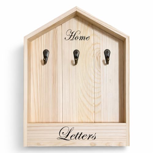 topolenashop Cassetta Portachiavi in Legno a Forma di Casa con 3 Ganci e Portalettere – Appendichiavi da Parete Decorativo Personalizzabile per Ingresso, Organizer Chiavi e Posta07078