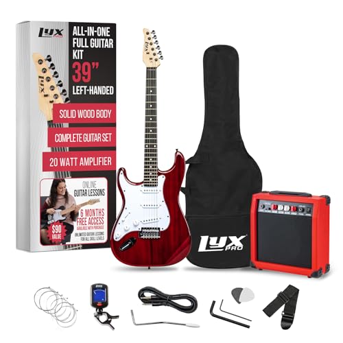 Image of LyxPro Left Hand 39 Inch Electric Guitar and Starter Kit for Lefty Full Size Beginner's Guitar, Amp, Six Strings, Two Picks, Shoulder Strap, Digital Clip On Tuner, Guitar Cable and Soft Case - Red