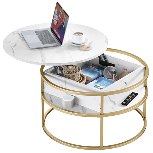 YITAHOME Couchtisch Rund mit Hebeplatte, Wohnzimmertisch mit verstecktem Ablagefach, Beistelltisch Rund mit Stauraum für Home Office, Runder Mitteltische Wohnzimmer