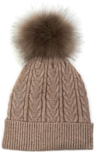 styleBREAKER Damen Feinstrick Bommelmütze mit Zopfmuster, Kunstfell Bommel Mütze, gefütterte Winter Strickmütze 04024100, Farbe:Taupe