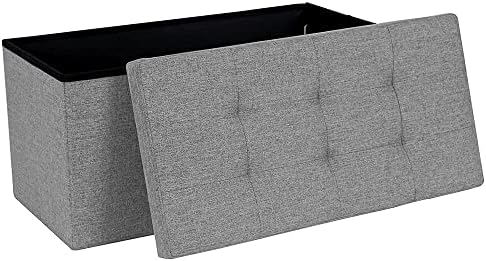 Dripex Large Folding Storage Ottoman Box Toy Chest and Footstool Grey Linen Fabric, Chest with Lid, 80L Capacity, Comfy Sponge Bench Space Saving 76 x 38 x 38 cm