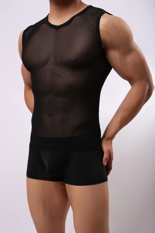 Men's See Through Muscle Shirts Mesh Tank Top Sleeveless Undershirt4