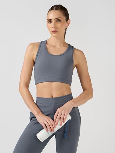 Image of TECHNOSPORT Women's Solid Slim Fit Scoop Neck Sports Bra ELASTOPLUS 4-Way Stretch Sleeveless Polyester Quick Dry UPF50+ for Gym Yoga Running
