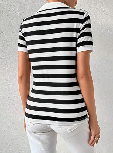 LilyCoco Womens Striped Shirt Fitted Collared Neck Short Sleeve T Shirt2