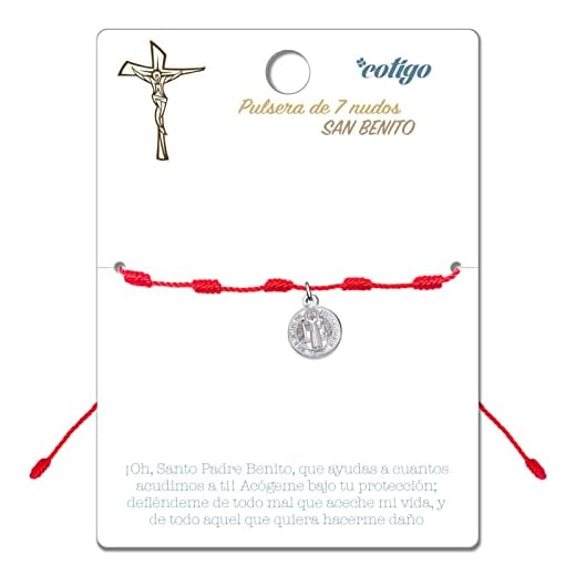 cotigo Pulsera 7 Nudos Roja con San Benito en Acero Inoxidable-Amuletos de la Suerte y Proteccion-Pulsera Mal de Ojo para Parejas y Amistad-Bisutería Ajustable,Pulsera Hilo Rojo Mujer y Hombre