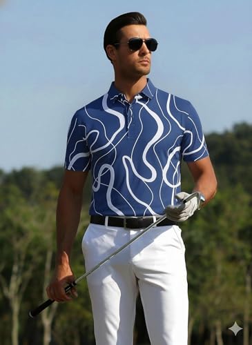 Image of Alex Vando Mens Golf Shirts Short Sleeve Breeze Quick-Dry Print Polo Shirt