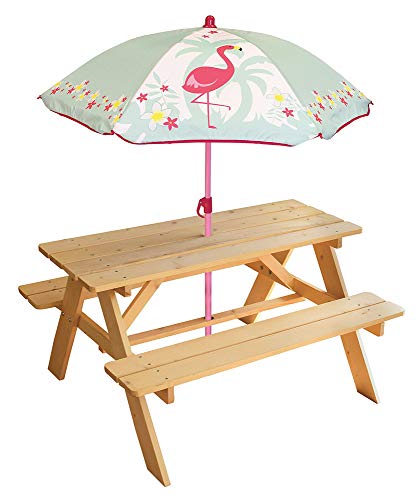 FUN HOUSE 713205 FLAMANT ROSE Table Pique Nique en bois avec parasol pour Enfant Rose