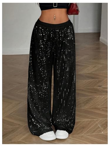 Floerns Women's Shiny Sequin Wide Leg Pants Elastic Waist Sparkly Baggy Pants4
