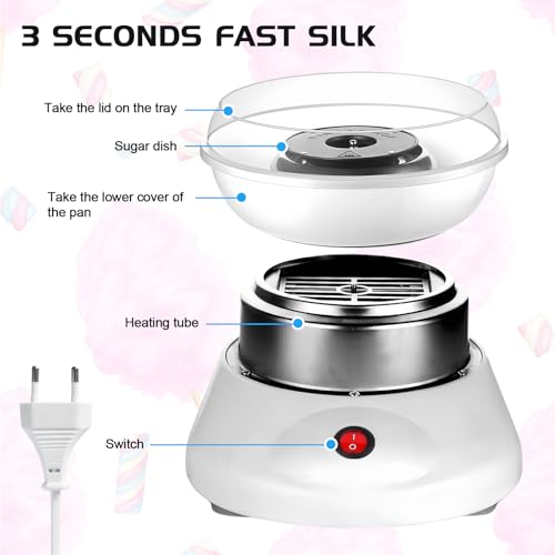 Zuckerwattemaschine, Retro Cotton Candy Machine 450 W, Zuckerwatte Maschine, Zuckerwattemaschinen Für Zuhause Mit Messlöffel, Bonbonstäbchen, Zehn Stöcke (Weiß) – Bild 4