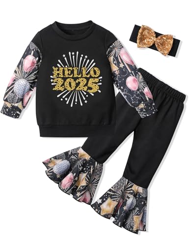 Queenstyle New Year Baby Girl Outfit 2025 Sweatshirts Tops 18-24 Months Girl Clothing + Flared Pants + Headband 3pcs Sets