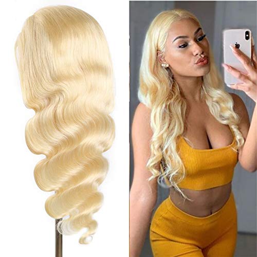 613 Closure Wig Human Hair 24 Inch Body Wave Blonde Human Transparent Lace Wig Pre Plucked Bleached Knots Raw Remy Human Hair Brazilian Virgin Hair 9A Grade High Density Wet And Wavy