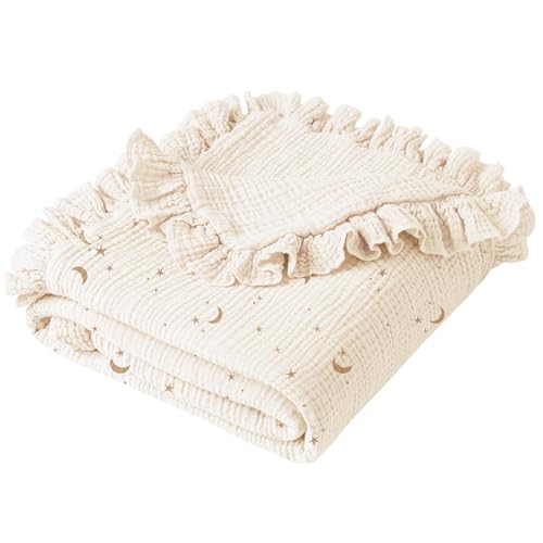 Image of Konssy Flounce Muslin Baby Blanket for Girls Boys, 100% Cotton Soft Crib Swaddle Blankets, Reversible & Breathable Nursery Bedding for Newborns Toddlers, 40 x 36 Inches (Moon)
