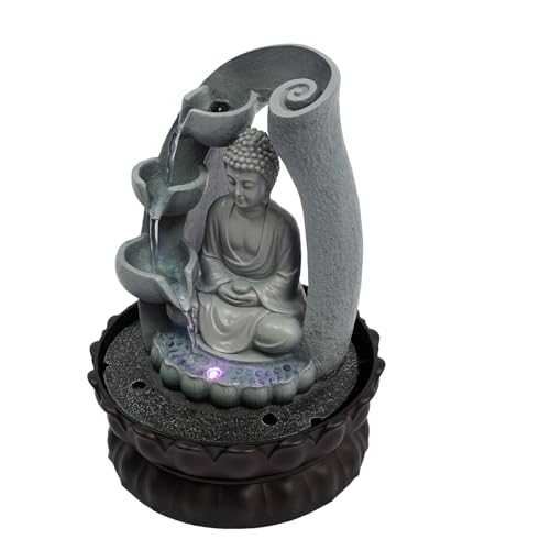 Tfgxue Fuente De Mesa, Diseño De Buda, Símbolo De La Suerte, Decoración De La Habitación, Feng Shui, Fuente Con Luz Led, 21 X 28 Cm, Color Gris