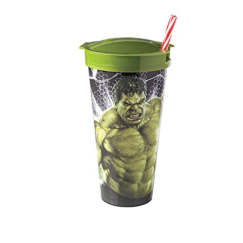 Plasútil Avengers Hulk Copo de Plástico com Compartimento e Canudo, Verde, 540 ml