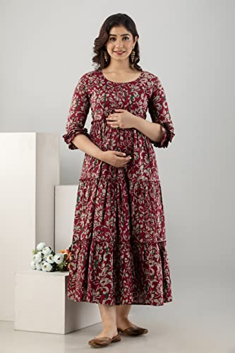 Image of Women's Cotton Anarkali Comfortable Maternity Feeding Kurta Dress with Zippers