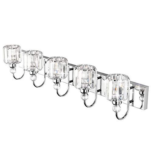 Ralbay Modern LED Crystal Bathroom Vanity Lights 5-Lights Stainless Steel Crystal Vanity Lights Over Mirror Modern Crystal Bathroom Vanity Lighting Fixtures - Thumbnail 2