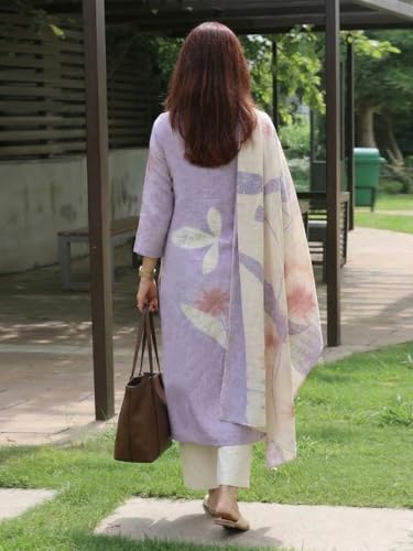 Image of GoSriKi Women Cotton Blend Straight Fit Printed Kurta Pant Dupatta Set | V Neck Three Quarter Sleeve Ensemble | Soft Breathable Fabric | Comfortable Elegant Styling for Office Casual Wear