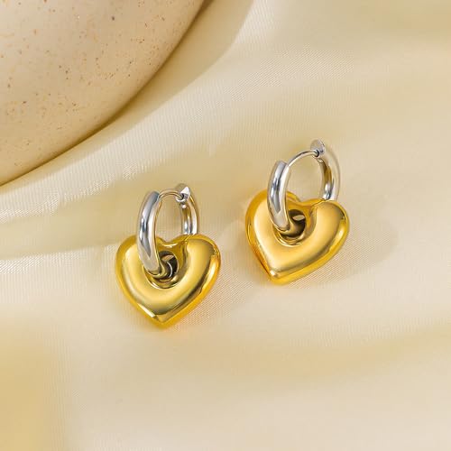 Chunky Heart Hoop Earrings for Women Two Tone Love Statement Drop Earrings Trendy Stainless Steel Huggie Earrings Dainty Jewelry Gifts2
