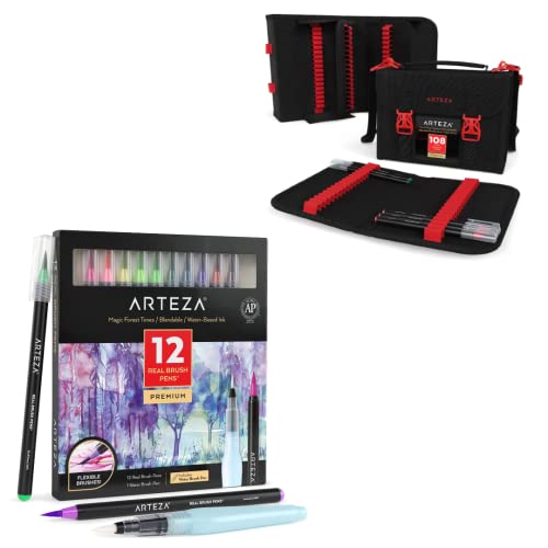 Arteza Marker Pen Organizer Case, 108 Slots And Real Brush Pens, Set Of 12, Magic Tones, Blendable Watercolor Markers And 1 Water Brush, Art Supplies For School, Home, And Office #TOP29