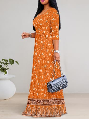 Image of PinkPatty Women's Plus Size Maxi Dresses Casual Flowy 3 /4 Sleeves Dress Printed Vacation Dress for Daily Wear with Belt