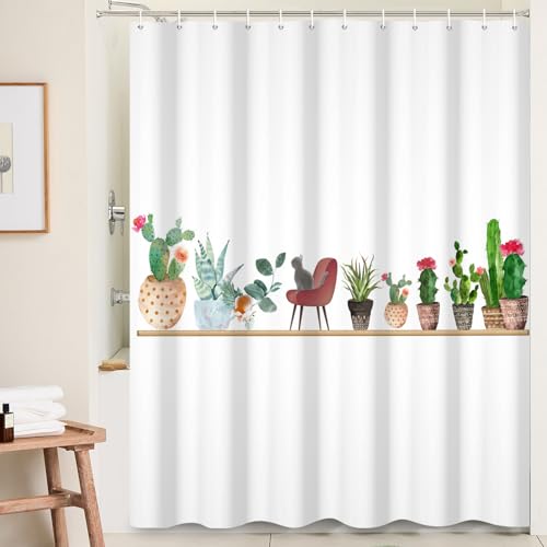 Ttincceer Tenda da doccia a forma di cactus, 180,3 x 180,3 cm, verde, deserto, piante, animali, acquerello, cactus, gatto, tenda da bagno impermeabile