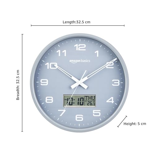 Image of Amazon Basics 12.5 Inch Analog Digital Wall Clock with LCD Display | Day Date Month Temperature | Silent Sweep Quartz Movement | Large Easy Read Numbers | Dual Battery Operated for Home Office (Grey)