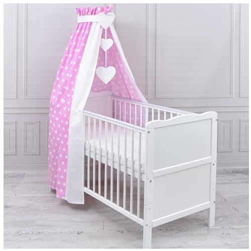 Generisch Baby Delux Babybett Himmel Betthimmel Baumwolle Baldachin für Babybett Kinderbett Wiege Stubenwagen Himmelstange Applikationen Herz Deko (Pink Dots, ohne Himmelstange)