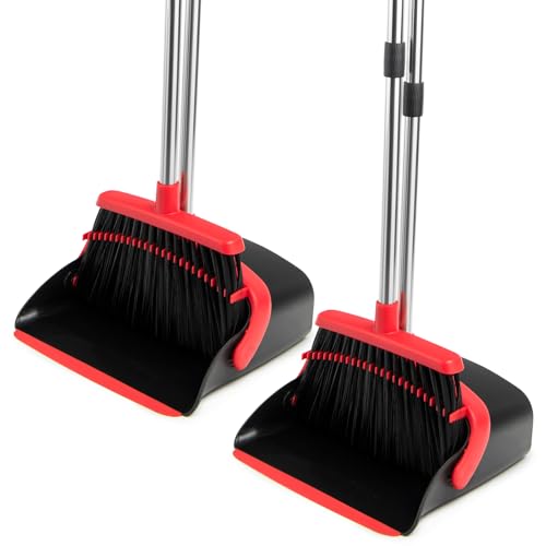 Image of Broom and Dustpan Set with Long Handle, Heavy Dust Broom and Dustpan Combo for Home,Kitchen, Office, Pet Hair 2PCS (Black Red)