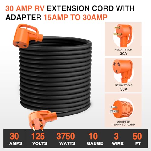 Image of Nilight 50FT 30 Amp RV Extension Cord with Adapter 15Amp to 30Amp 125V Heavy Duty 10 /3 Gauge Pure Copper STW Wire UL ETL Listed 3 Prong TT-30P TT-30R Weatherproof Suit for Generators Campers