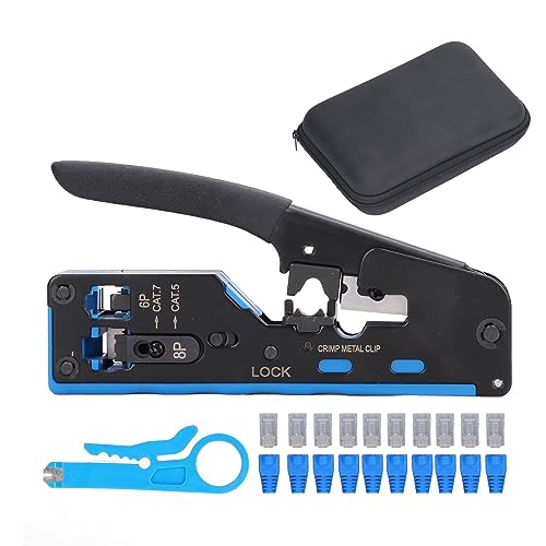 Kit de herramientas de crimpado RJ45, crimpadora Ethernet multifuncional profesional con conectores pasantes, diseño compacto de acero aleado, para instalación de cables de red,