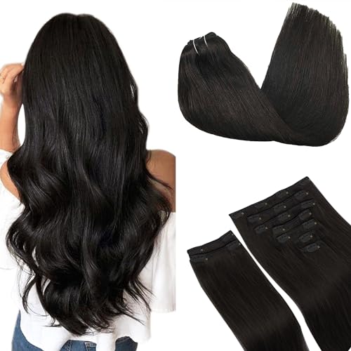 GOO GOO Extension Cheveux Naturel Clip, 40cm 150g 9pcs, #1B Noir Naturel, Extention de Cheveux Humains Vrai Cheveux, Extension a Clip Cheveux Naturel