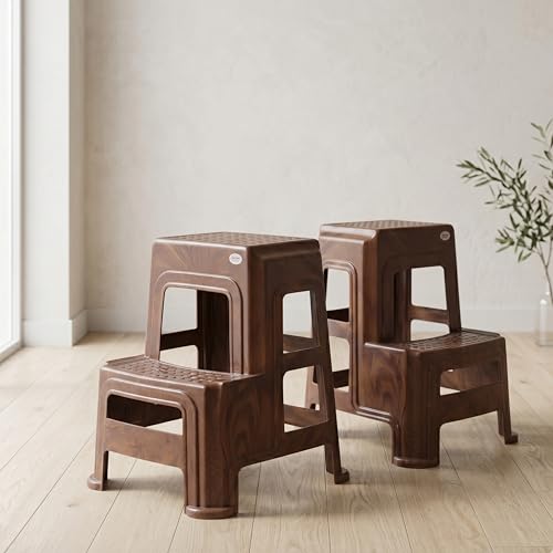 Image of Oaknest Supreme Multipurpose Plastic 2-Step Stool for Kids & Adults - Anti-Slip Lightweight Stepping Stool for Kitchen, Bathroom & Home - Teakwood, 2 Piece
