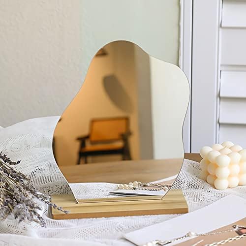 ZHIQIN Acrylic Makeup Mirror Frameless Decorative Vanity Table Mirror With Wooden Base Irregular Aesthetic Vanity Mirror Dressing Table Mirror for Bedroom Home and Room Decor-Cloud Shape