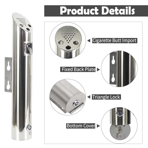 Aschenbecher Wandmontage, Aschenbecher Edelstahl Wandaschenbecher mit Schloss, Aschenbecher für den Außenbereich, für Terrasse, Restaurant, Hotel und Büro