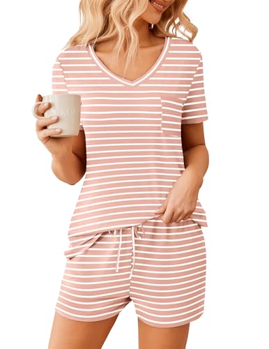 Image of Ekouaer Womens Pajama Sets Short Sleeve Pajamas for Women Sets Soft Lounge Sets Casual V Neck Sleepwear PJS