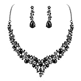 Ever Faith Wedding Bridal Crystal Teardrop Cluster Statement Necklace Dangle Earrings Jewellery Set for Women Black Black-Tone